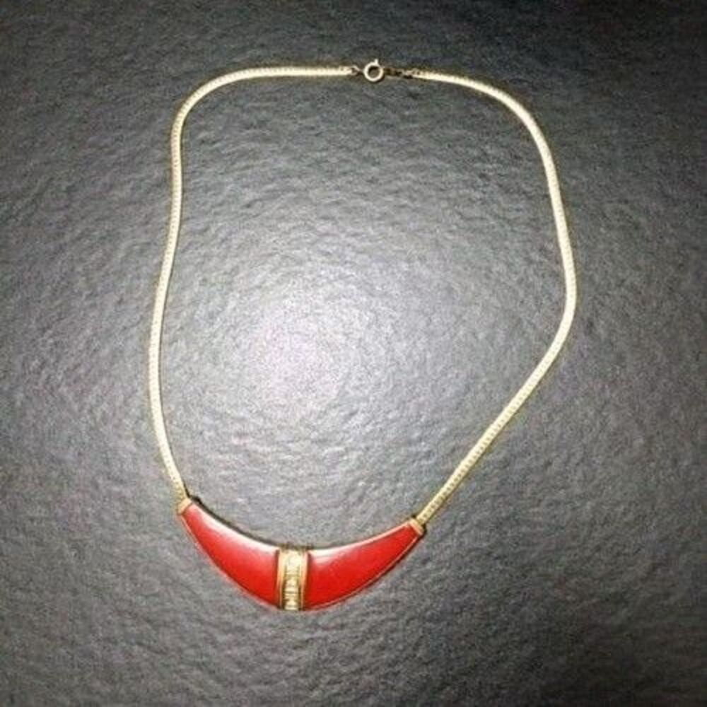 Avon Gold Tone Burnt Orange Enamel Statement Bib Necklace Rhinestone Accents 18"